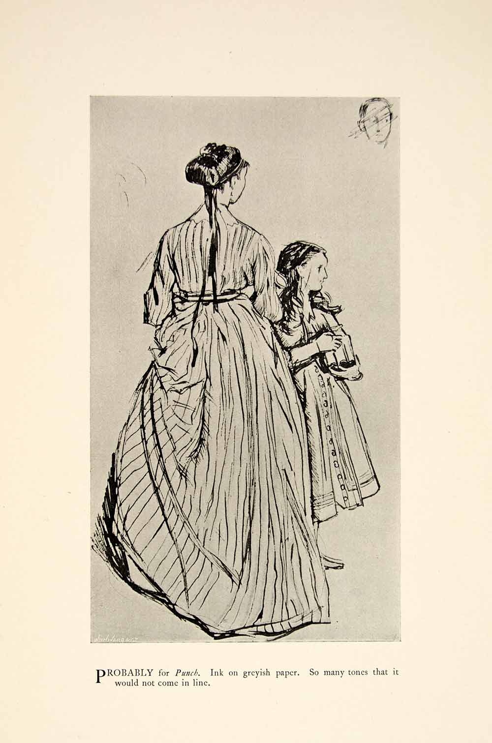 1897 Print Charles Keene Pen Drawing Art Figure Sketch Woman Child Dress XAY6