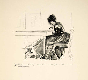 1897 Print Charles Keene Figure Sketch Pencil Drawing Art Woman Velvet XAY6