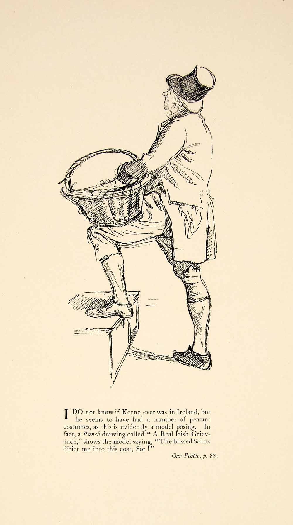 1897 Print Charles Keene Pen Drawing Irish Peasant Costume Figure Top Hat XAY6