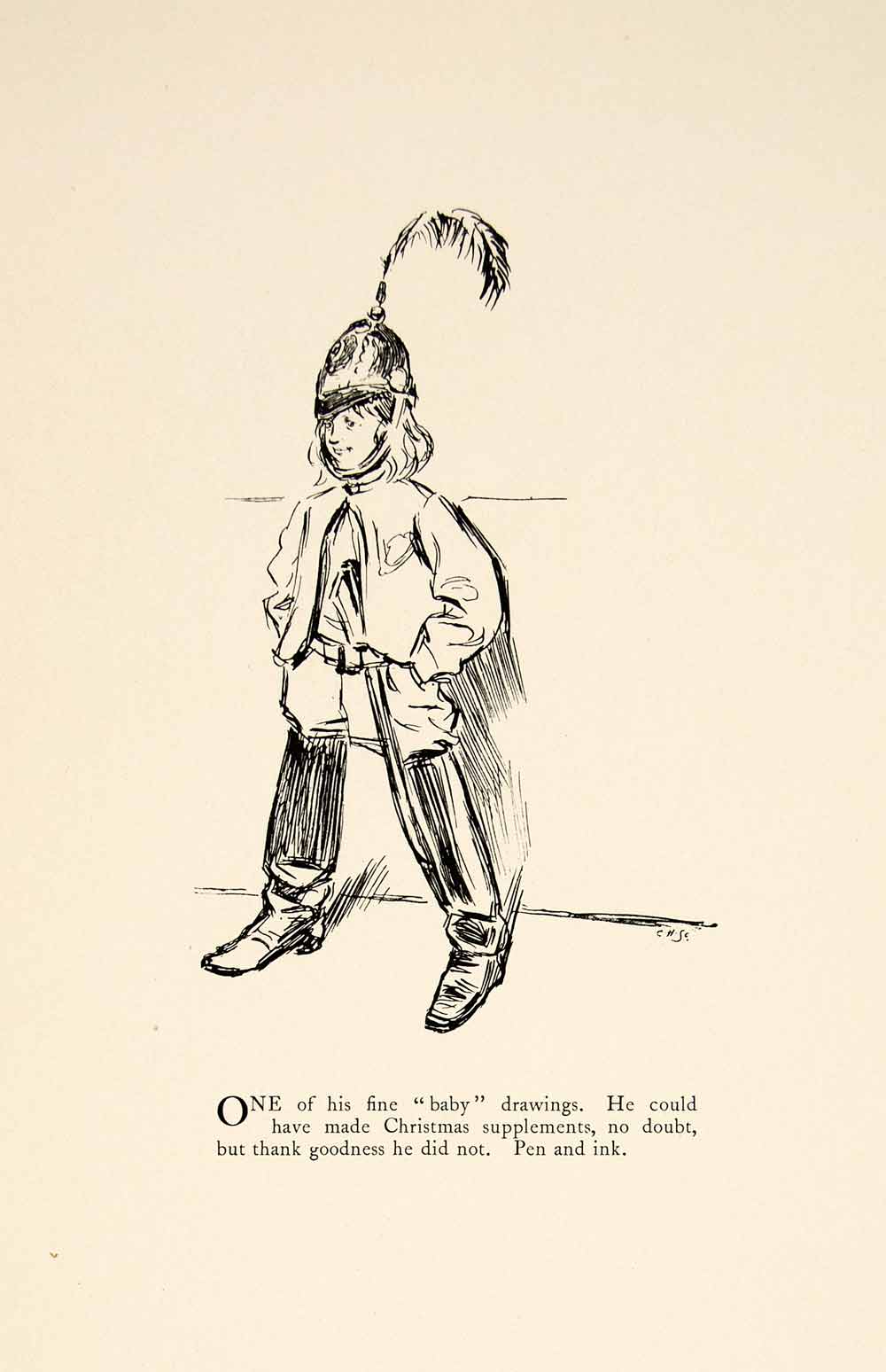 1897 Wood Engraving Charles Keene Pen Drawing Figure Study Child Helmet XAY6
