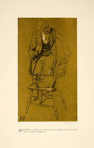 1897 Print Charles Keene Figure Pencil Chalk Sketch Old Man Elderly Chair XAY6