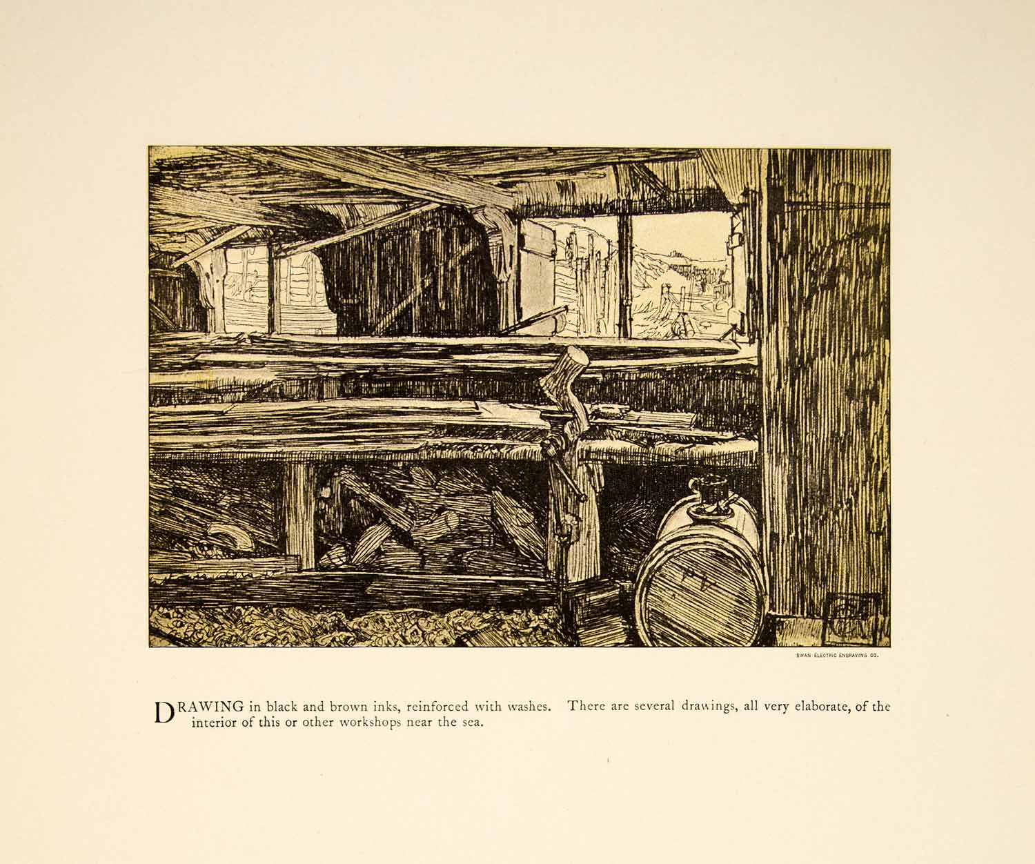 1897 Print Charles Keene Drawing Art Workshop Carpentry Woodworking XAY6