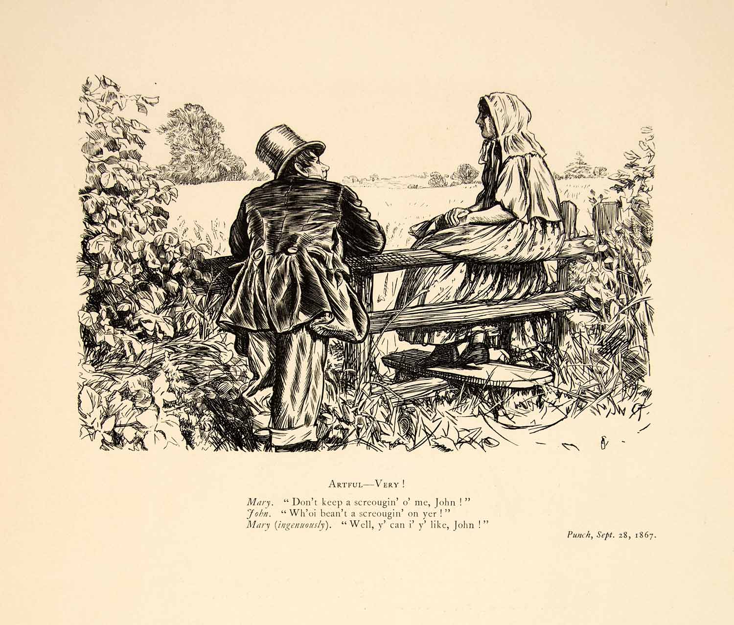 1897 Wood Engraving Charles Keene Punch Magazine Art Mary John Courtship XAY6