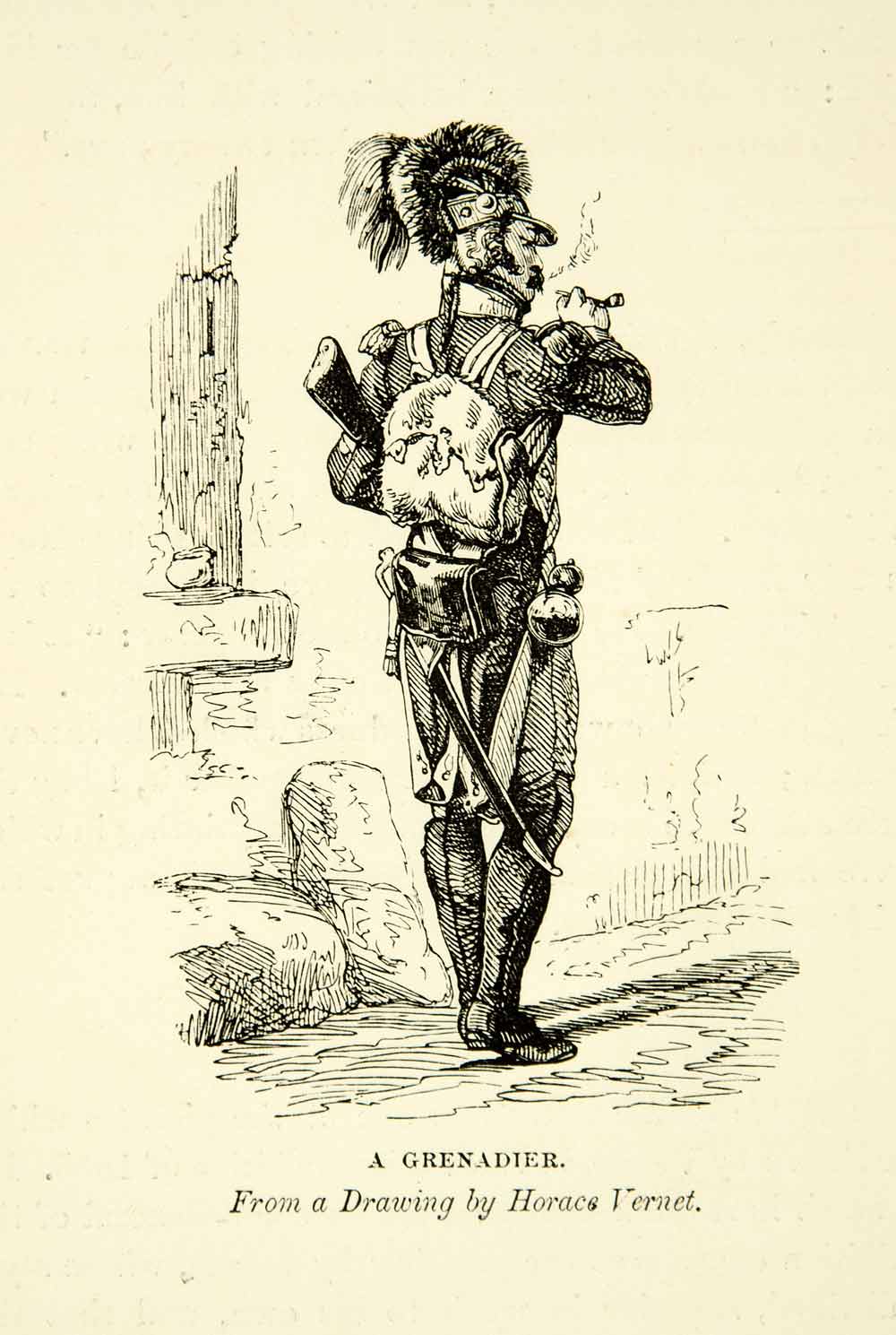 1880 Wood Engraving Horace Vernet Grenadier Soldier Uniform Pipe Smoking XAZ1