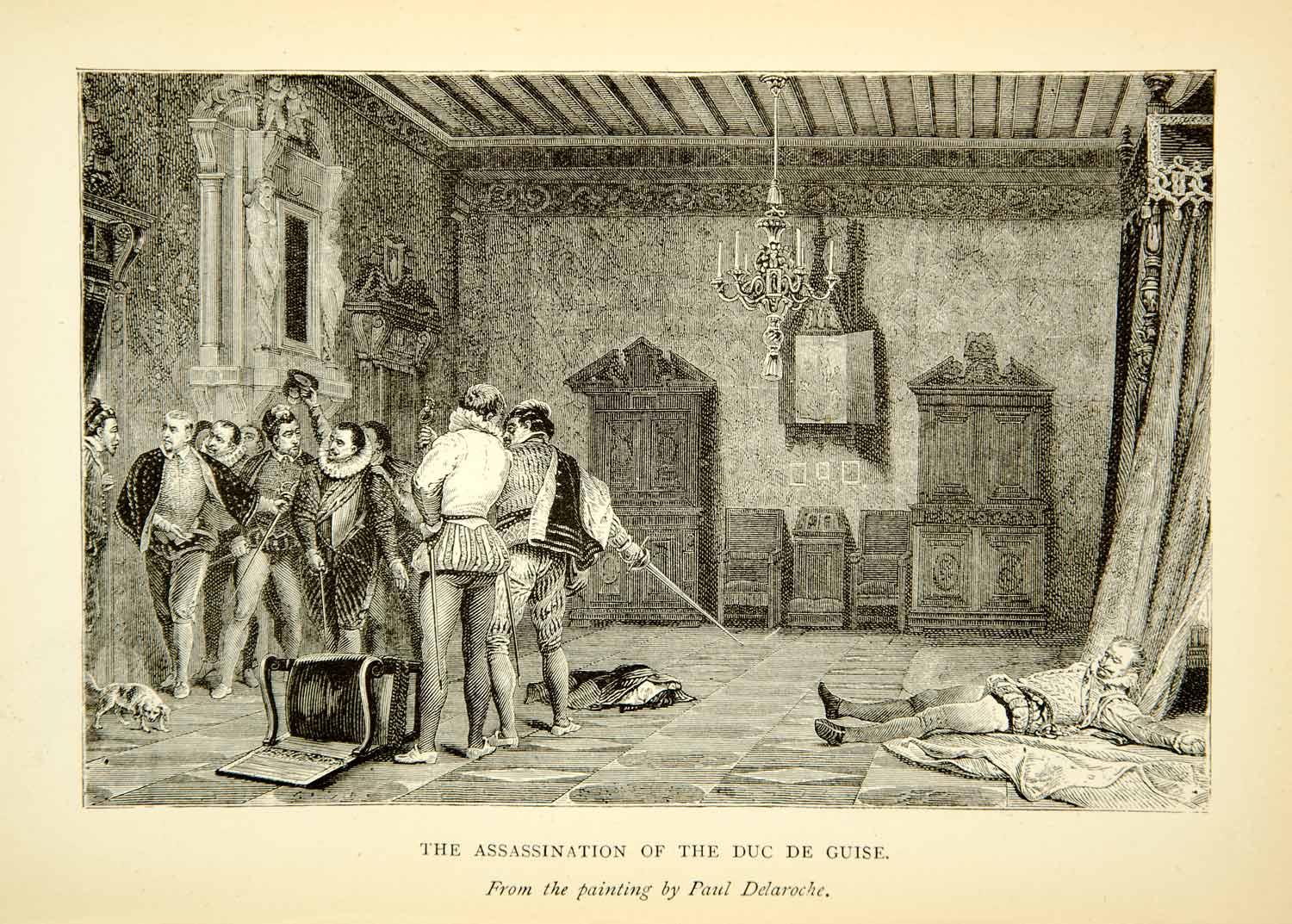 1880 Wood Engraving Assassination Duc Duke Guise King Henri Delaroche XAZ1