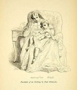 1880 Wood Engraving Mother Child Son Daughter Delaroche Costume Dress XAZ1