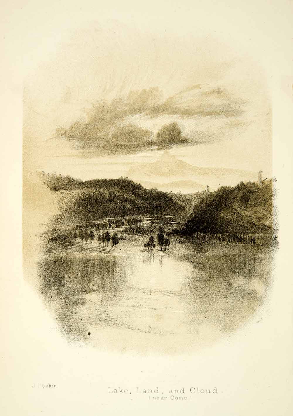 1872 Lithograph John Ruskin Lake Land Cloud Como Italy Landscape Mountain XAZ2