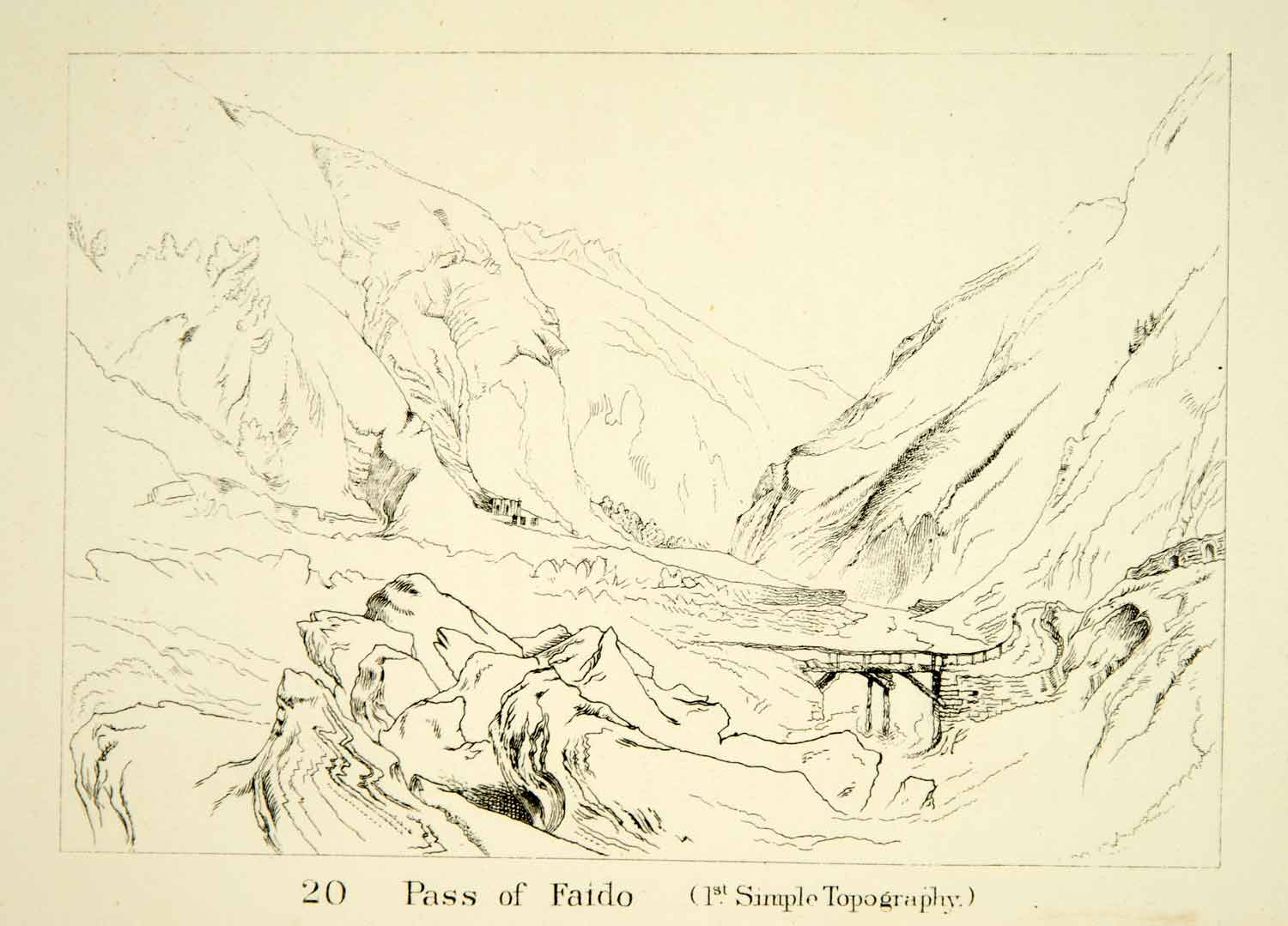 1872 Lithograph Pass Faido Topography Switzerland Alps Mountain River XAZ2