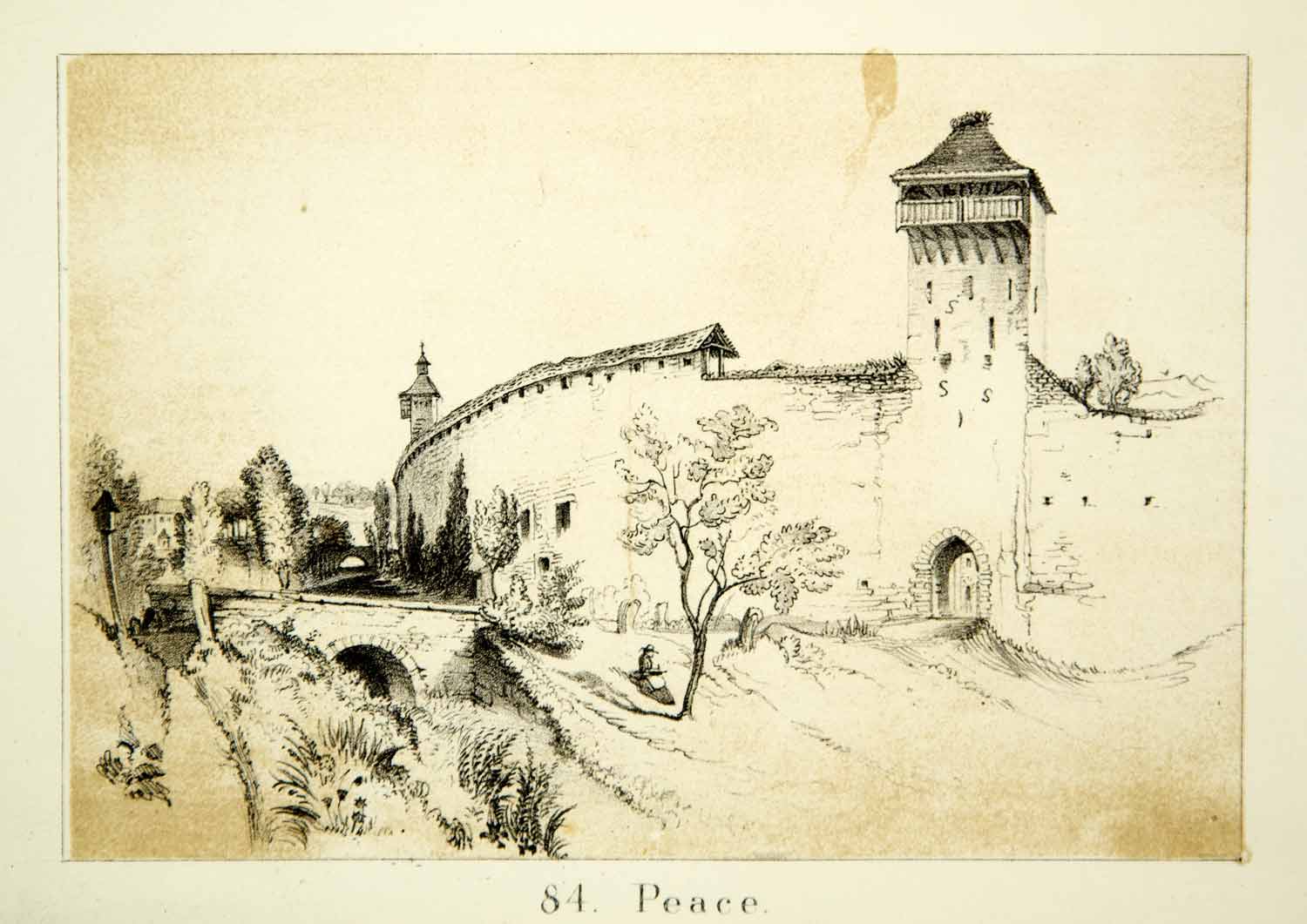 1872 Lithograph John Ruskin Peace City Wall Tower Bridge Stream Woman Read XAZ2