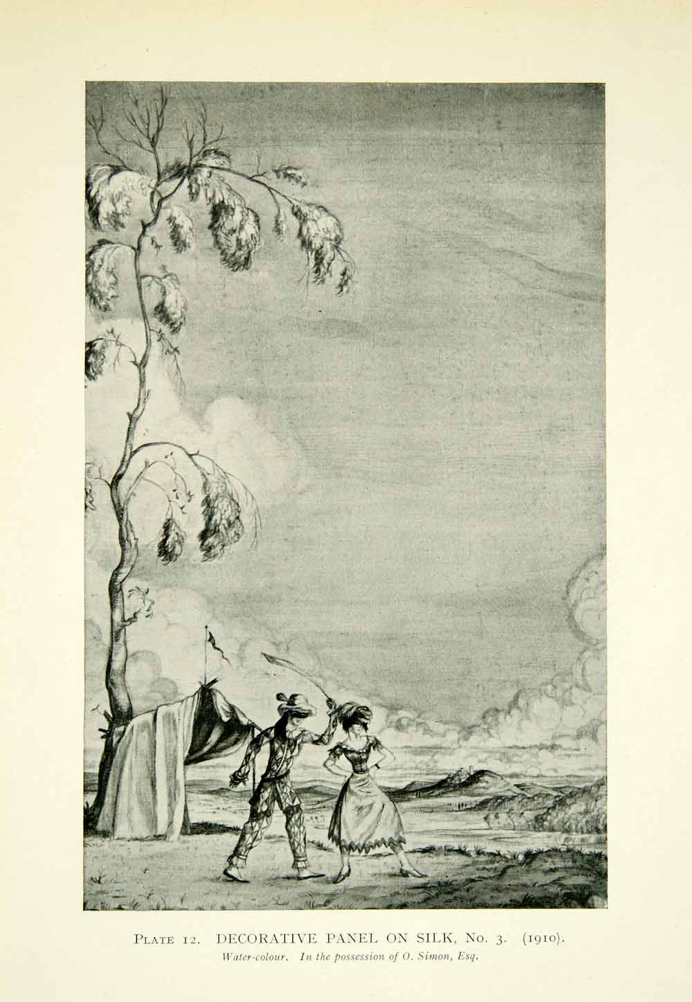 1925 Print Albert Rutherston Art Masquerade Sword Landscape Tent Tree XAZ4