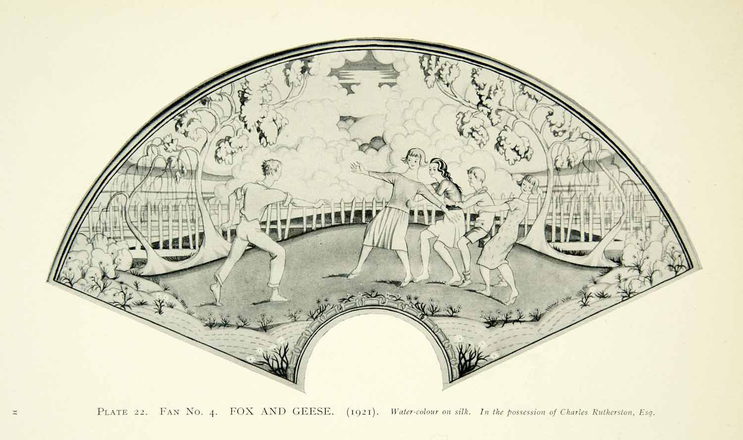 1925 Print Albert Rutherston Art Fox Geese Children Playing Nature Outdoor XAZ4