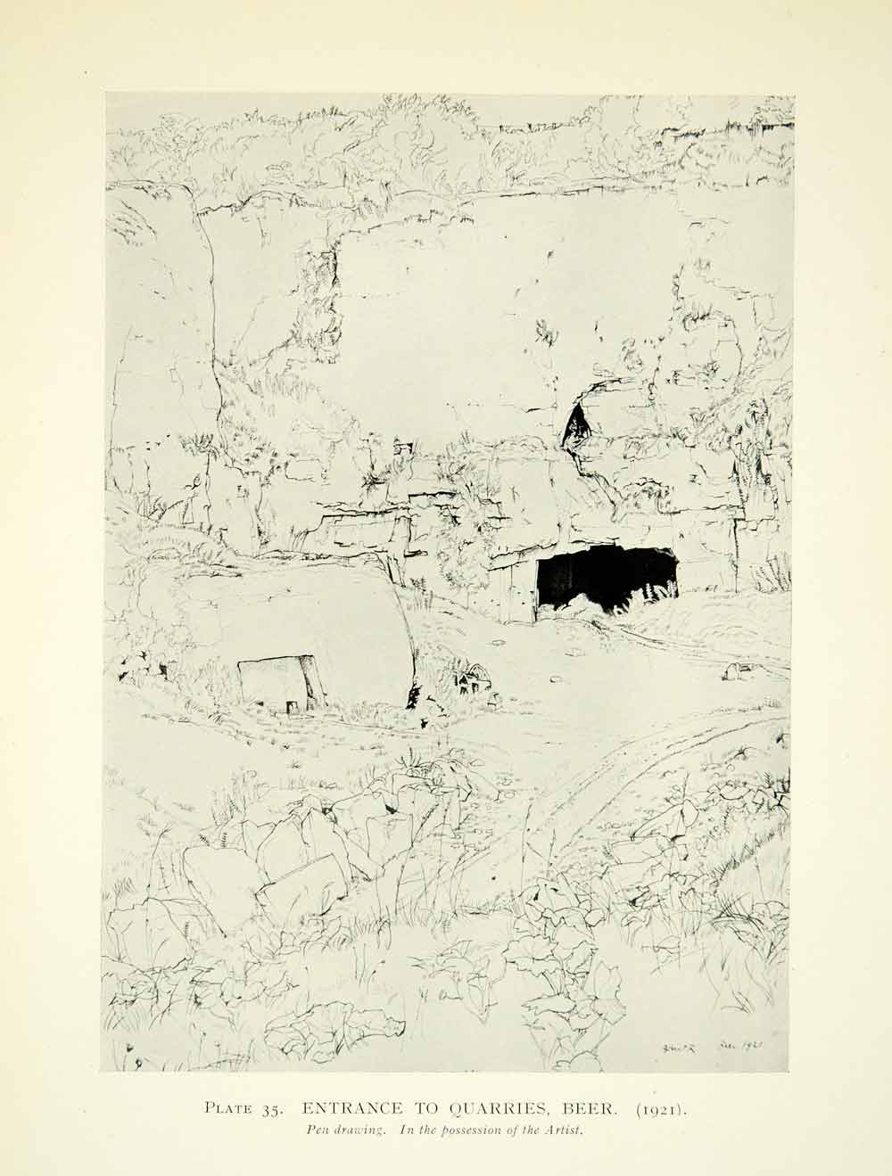 1925 Print Albert Rutherston Landscape Art Entrance Rock Quarries Beer XAZ4
