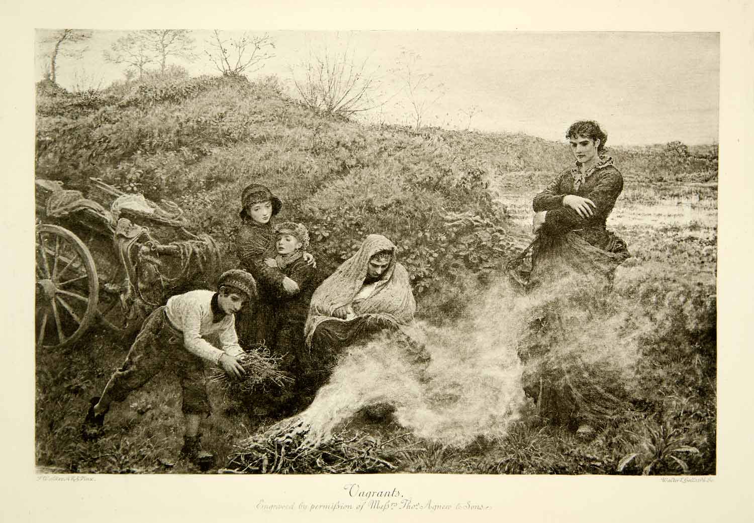 1897 Photogravure Frederick Walker Vagrants Homeless Burning Brush Cart XAZ5