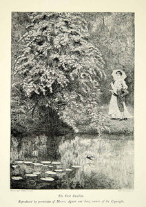 1897 Print Frederick Walker First Swallow Pond Lilly Pad Mother Child XAZ5