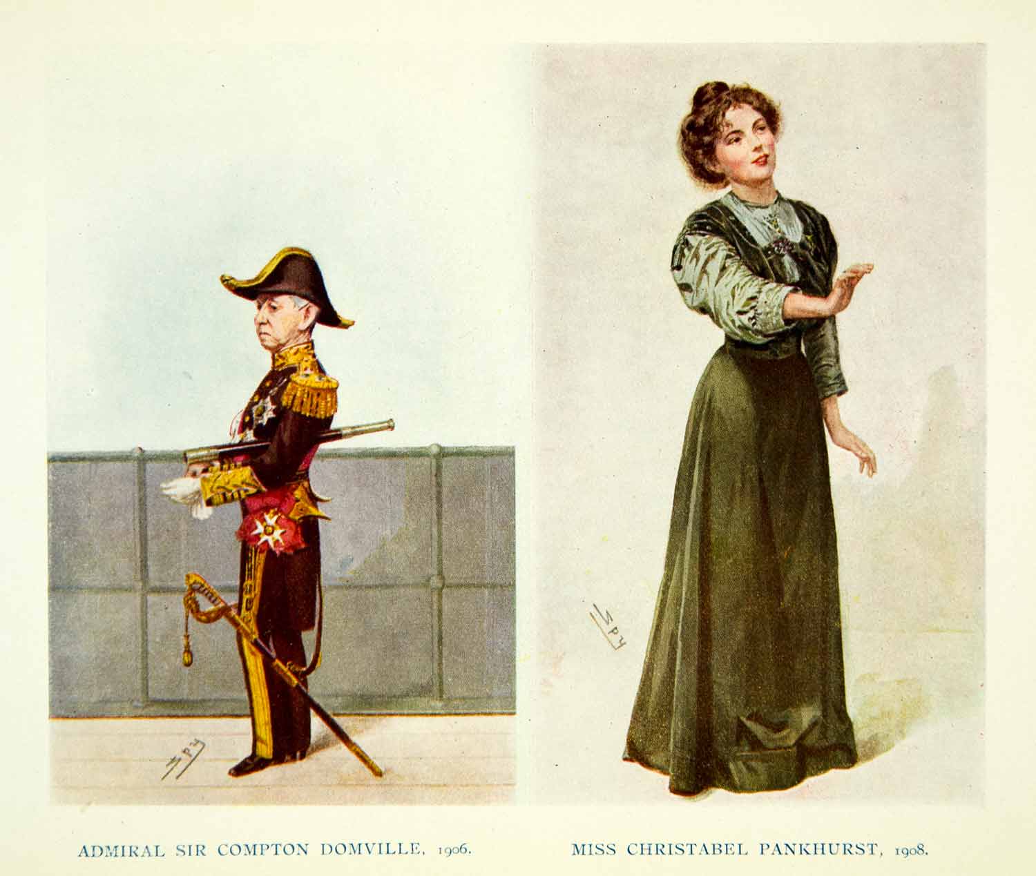 1915 Color Print Portrait Caricature Pankhurst Admiral Sir Compton Domville XAZ8