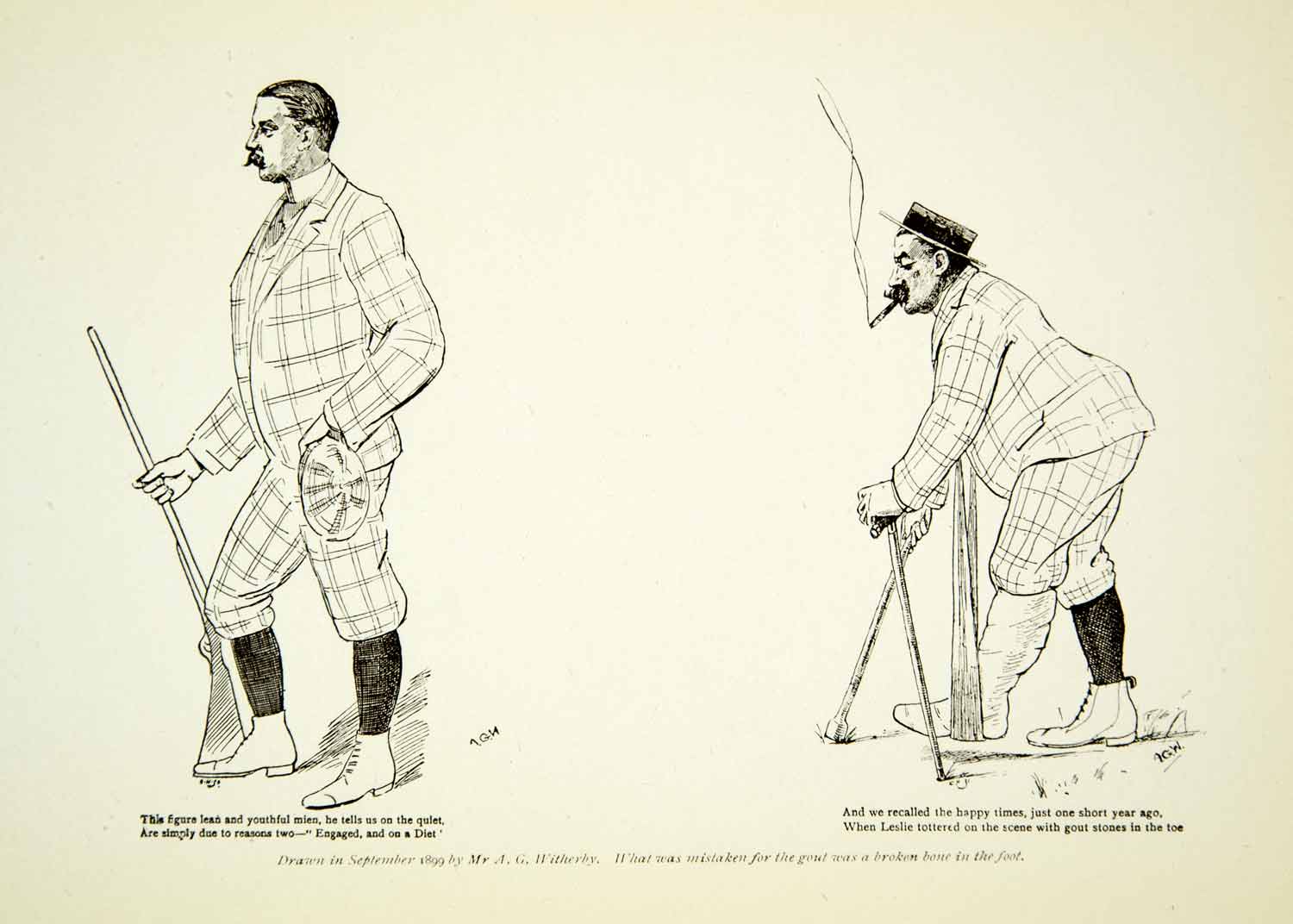 1915 Print Sketch Drawing Figure Hunting Gout Cast Broken Spy Leslie Ward XAZ8