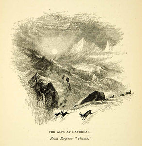 1889 Wood Engraving Turner Alps Mountains Hikers Sunrise Daybreak XAZ9