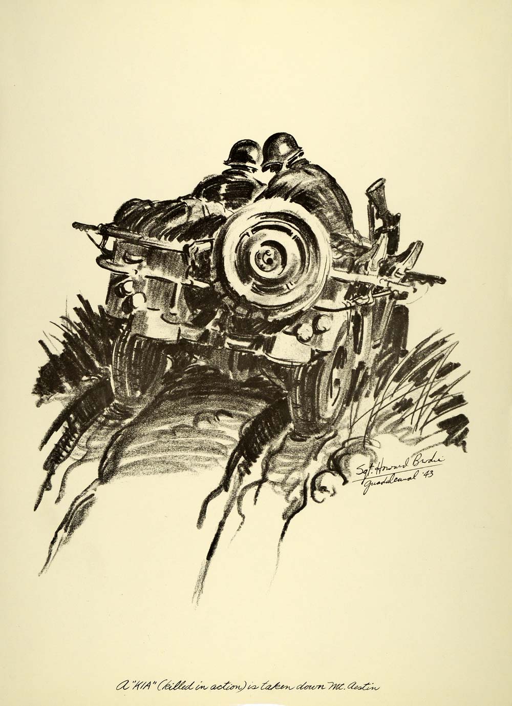 1963 Print Howard Brodie Art WWII Jeep Mt. Aestin Guadalcanal Campaign Battle