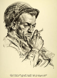 1963 Print Howard Brodie WWI Art Sergeant Elwin Miller Smoking Helmet Soldier