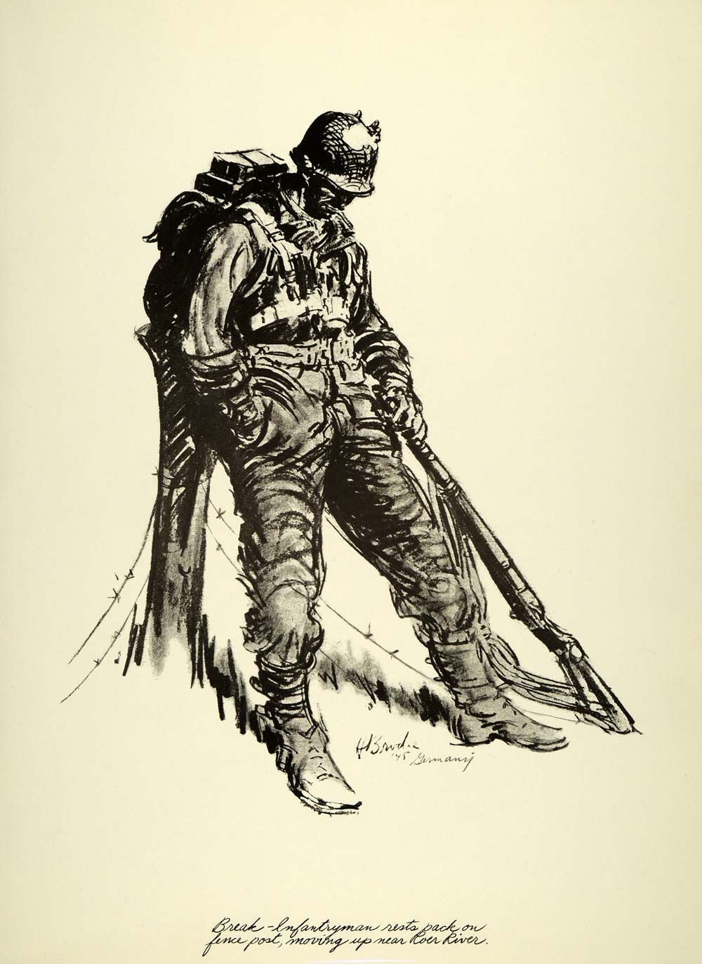 1963 Print Howard Brodie Art WWII Infantry Soldier Portrait Pack Uniform Germany