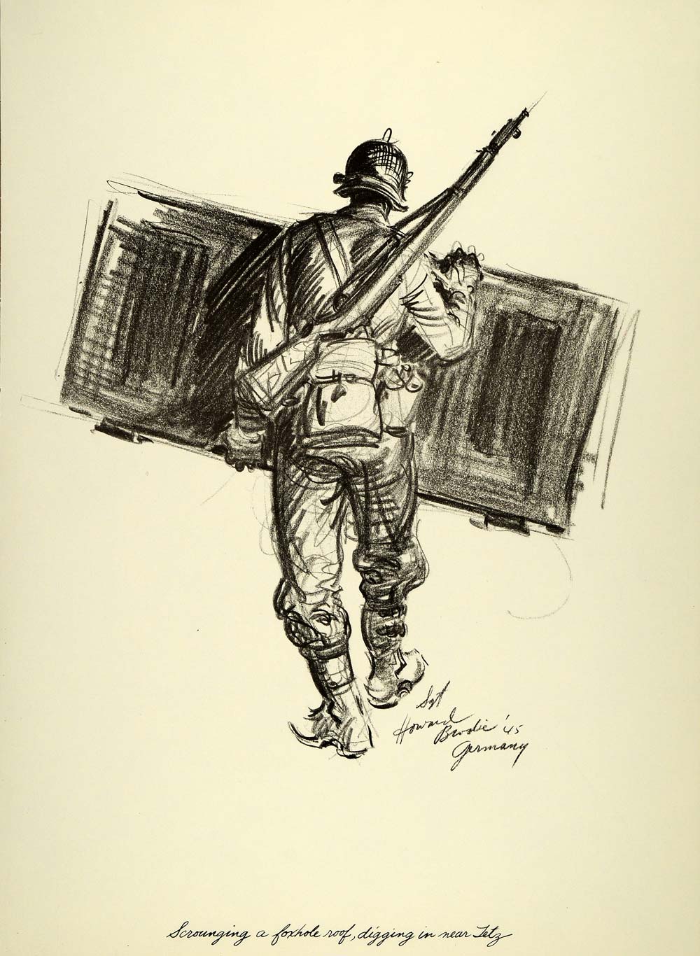 1963 Print Howard Brodie Art World War II U. S. Soldier Foxhole Roof Roer River