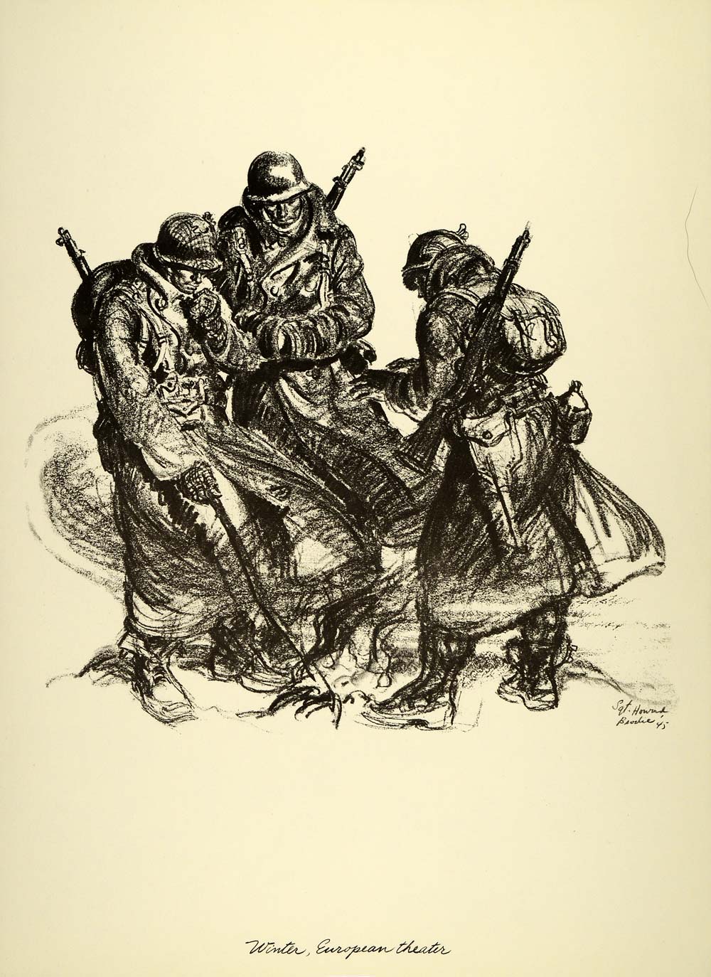 1963 Print Howard Brodie World War II Art European Theater Winter Soldiers GI
