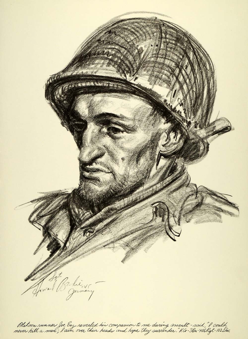 1963 Print Howard Brodie Art WWII Joe Esz Portrait Platoon Runner US Soldier GI