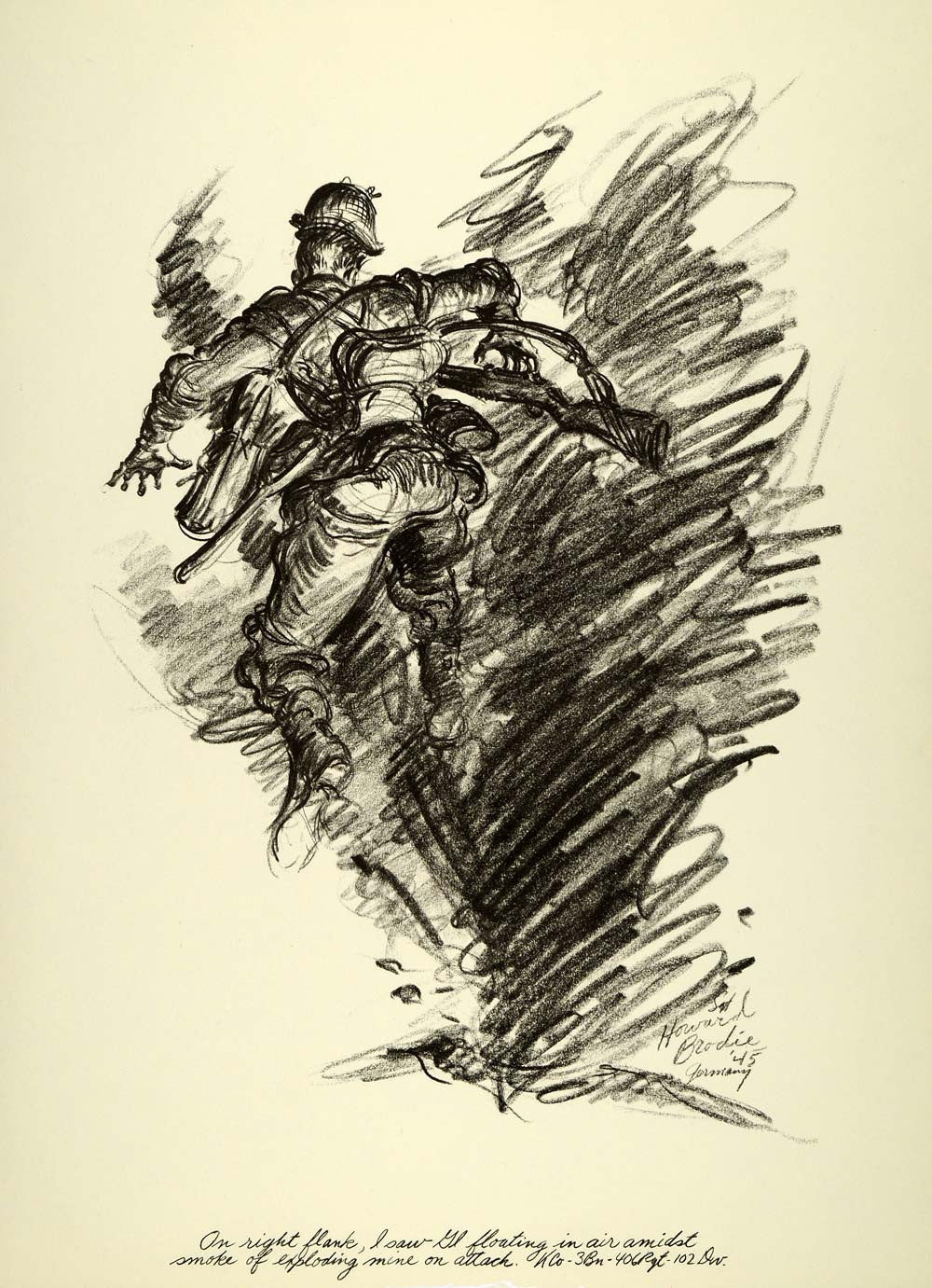1963 Print Howard Brodie World War II Art GI U.S. Soldier Mine Explosion Germany
