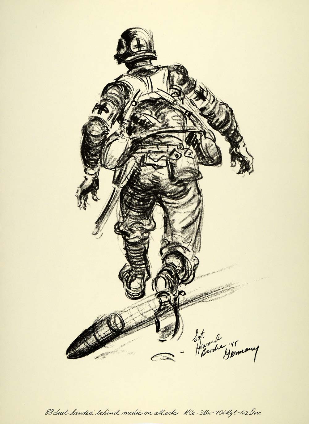 1963 Print Howard Brodie WWII Art Medic Oliver Poythress Soldier Dud 88 Mortar
