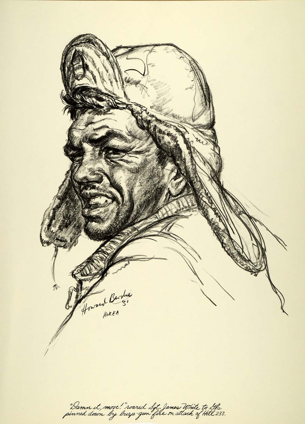 1963 Print Howard Brodie Art Korean War Sergeant James White Portrait Hill 233