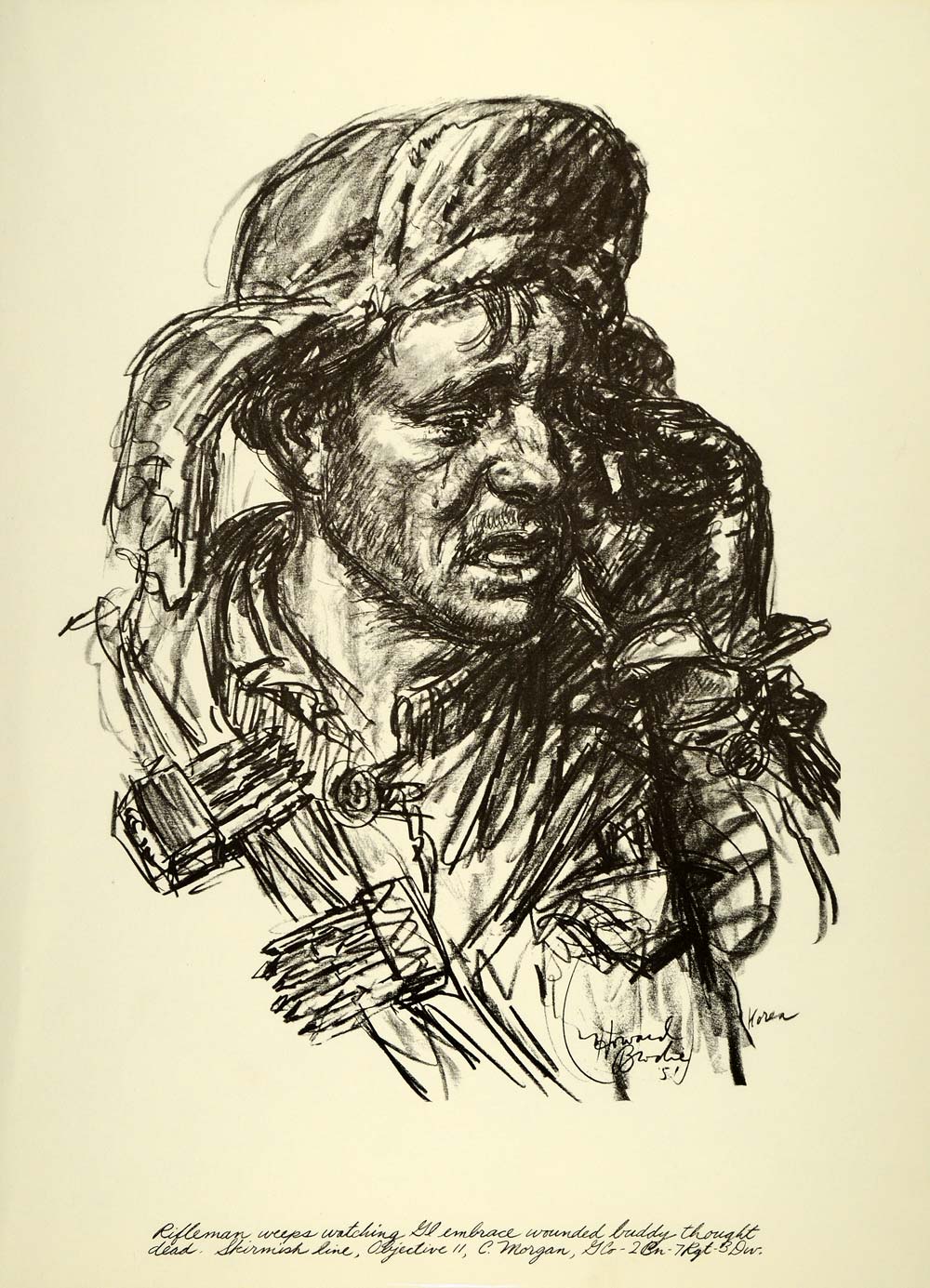 1963 Print Howard Brodie Art Korean War Portrait GI Rifleman C. Morgan Soldier