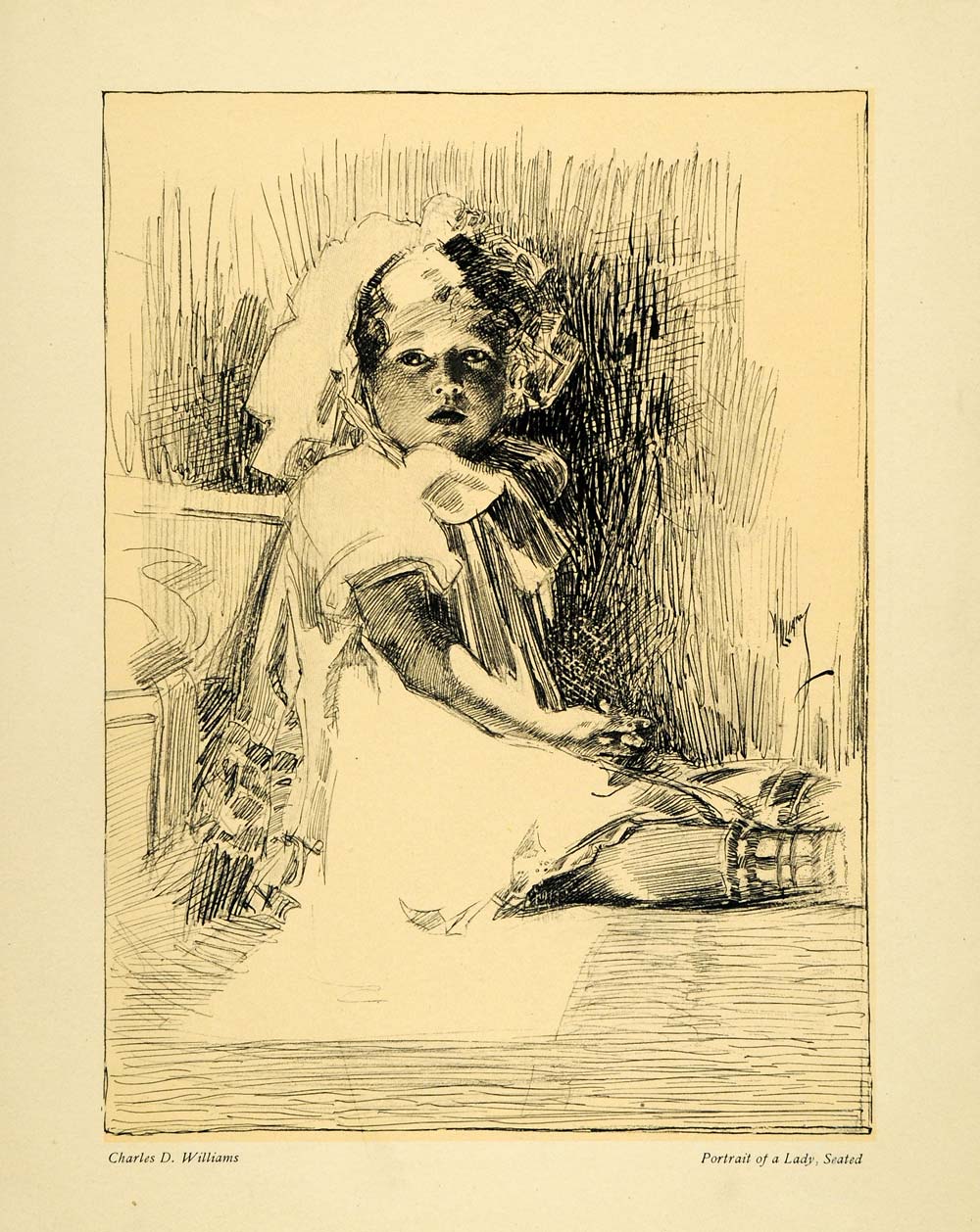 1911 Lithograph Portrait Lady Seated Charles Williams Child Girl Art Bonnet XDA4