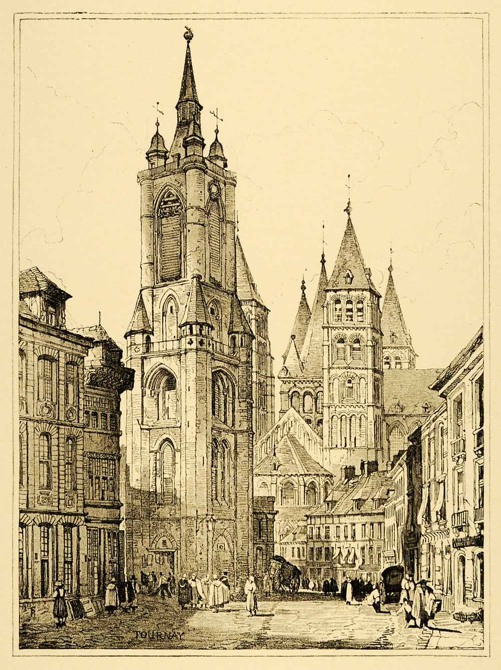 1915 Print Prout Art Tournai Hainaut Belgium Belfry Tower Cityscape XDA6