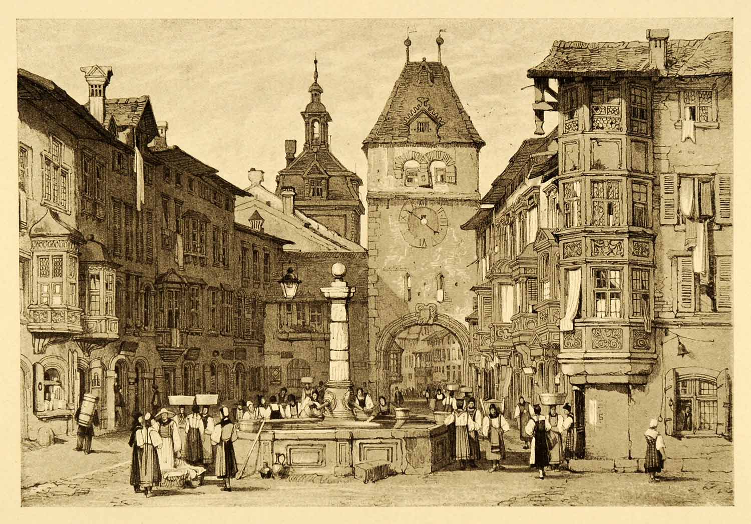 1915 Print Samuel Prout Art Schaffhuasen Switzerland Clock Tower Cityscape XDA6