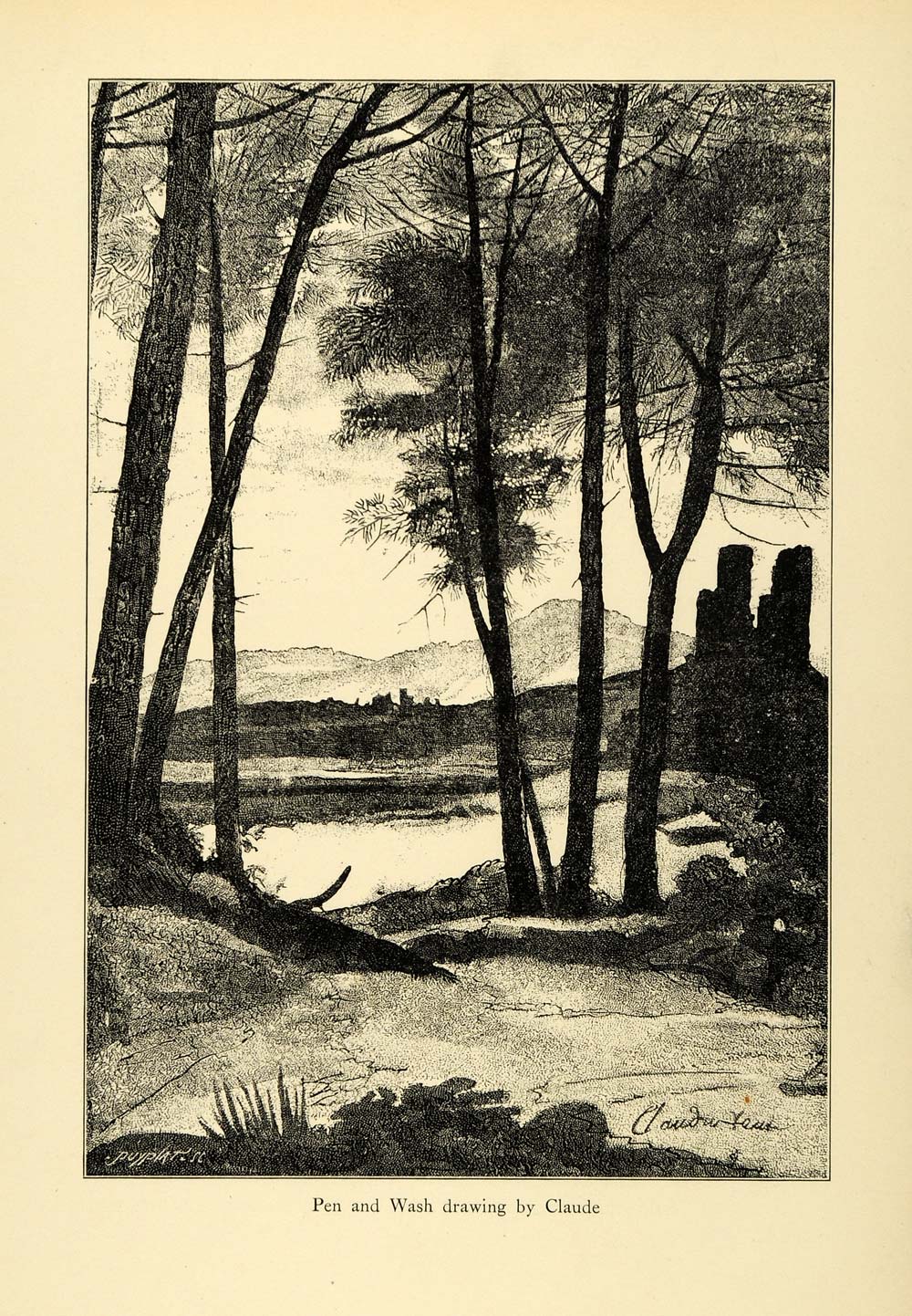 1920 Wood Engraving Claude Le Lorraine Gellee Landscape Art Drawing XDA7