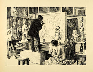 1920 Wood Engraving Edouard Joseph Dantan Art Artist Studio Nude Model XDA7