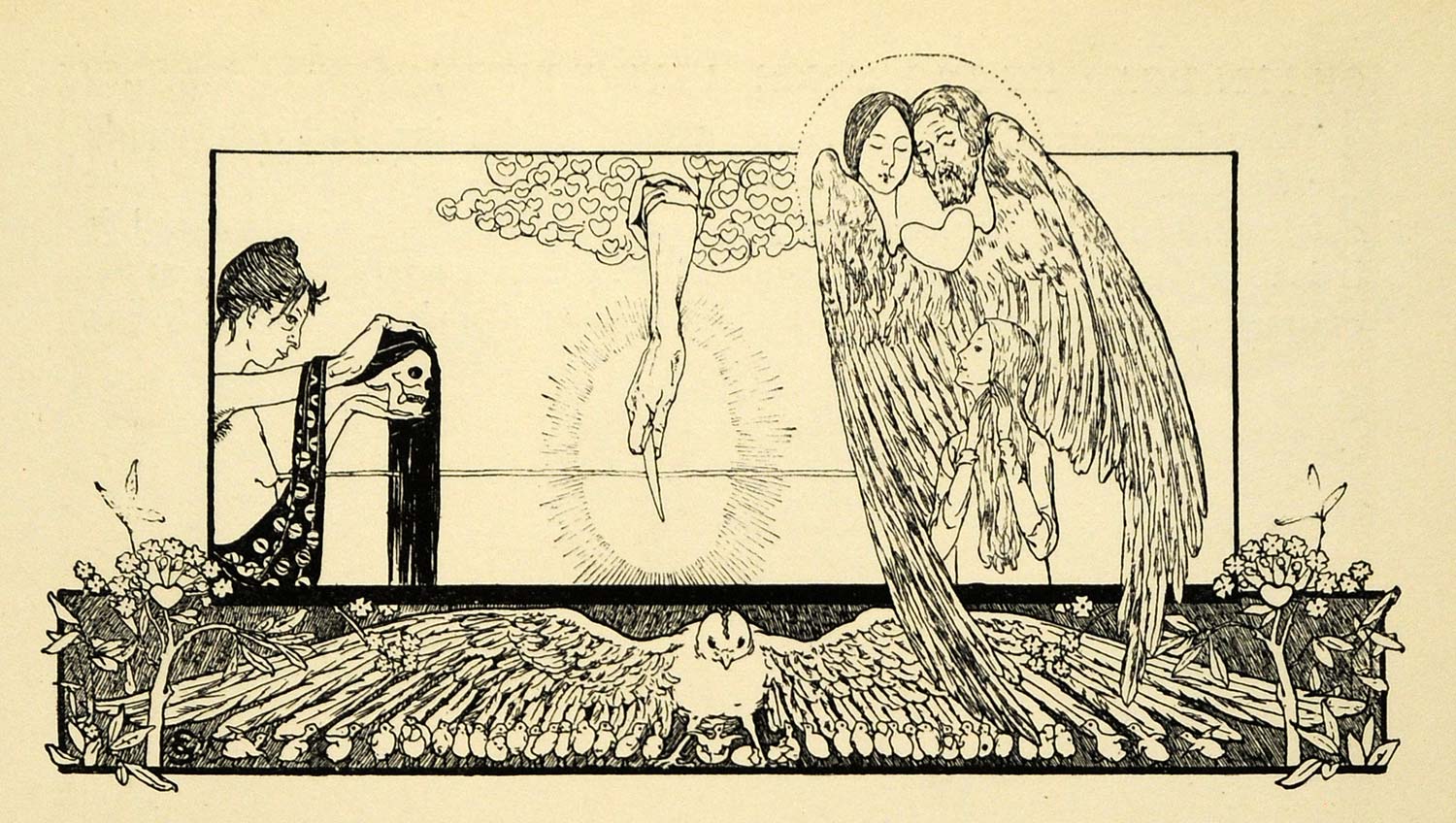 1920 Wood Engraving Carloz Schwabe Art Tailpiece White Dove Religious XDA7