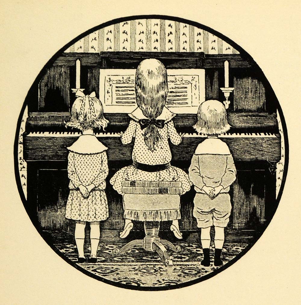 1920 Wood Engraving Boutet De Monvel Art Children Playing Piano Music XDA7