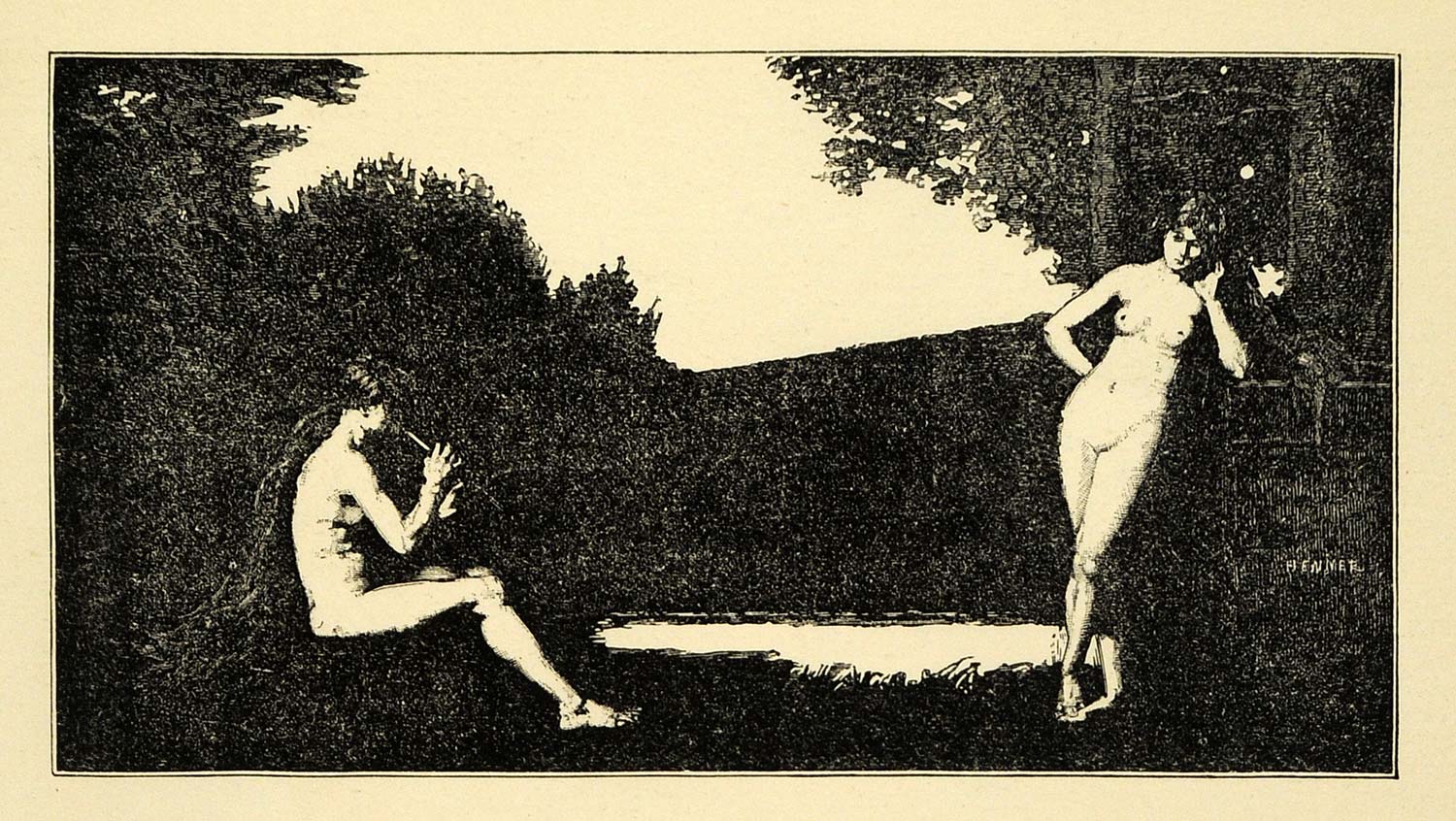 1920 Wood Engraving Jean Jacques Henner Idyll Art Nude Male Female Flute XDA7