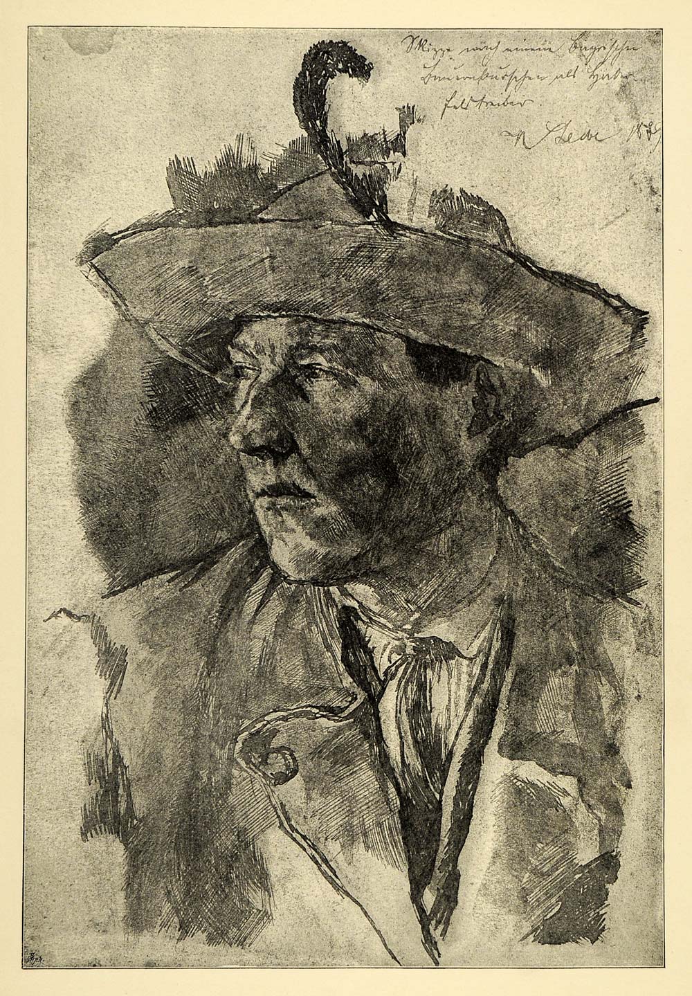 1920 Print Wilhelm Leibl Man Side Portrait Artwork Feather Cap Hat Mens XDA7