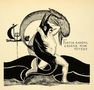 1920 Wood Engraving Edgar Wilson Mythical Art Nude Man Wrestling Sea XDA7