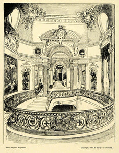 1920 Wood Engraving Alfred Brennan Art Stairway Chantilly France XDA7