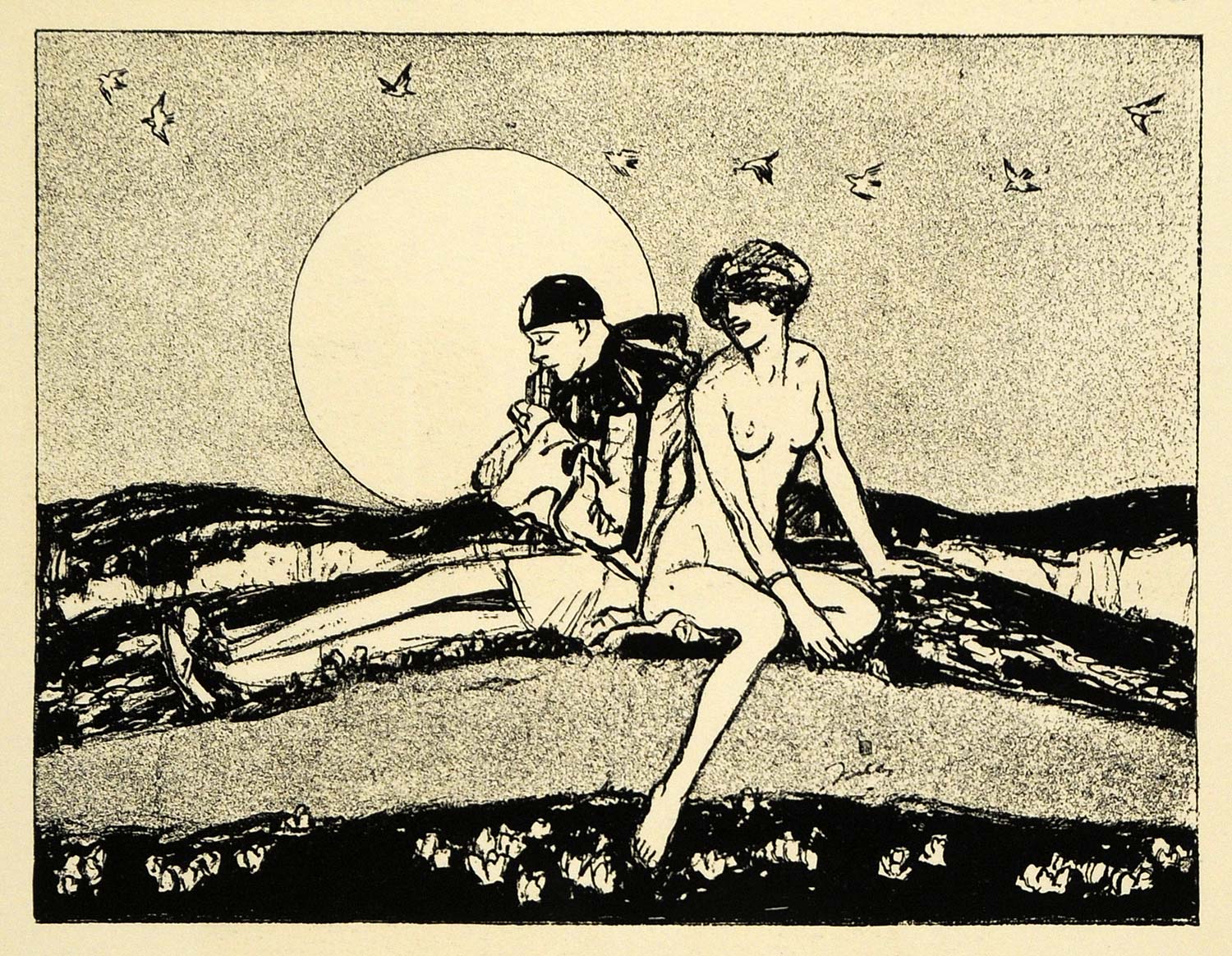 1920 Wood Engraving Charles Buckles Falls Art Moonlight Nude Woman Jester XDA7