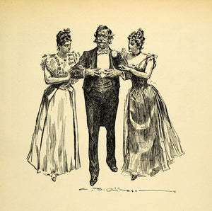 1920 Wood Engraving Charles Dana Gibson Girl Victorian Fashion Dance Dress XDA7