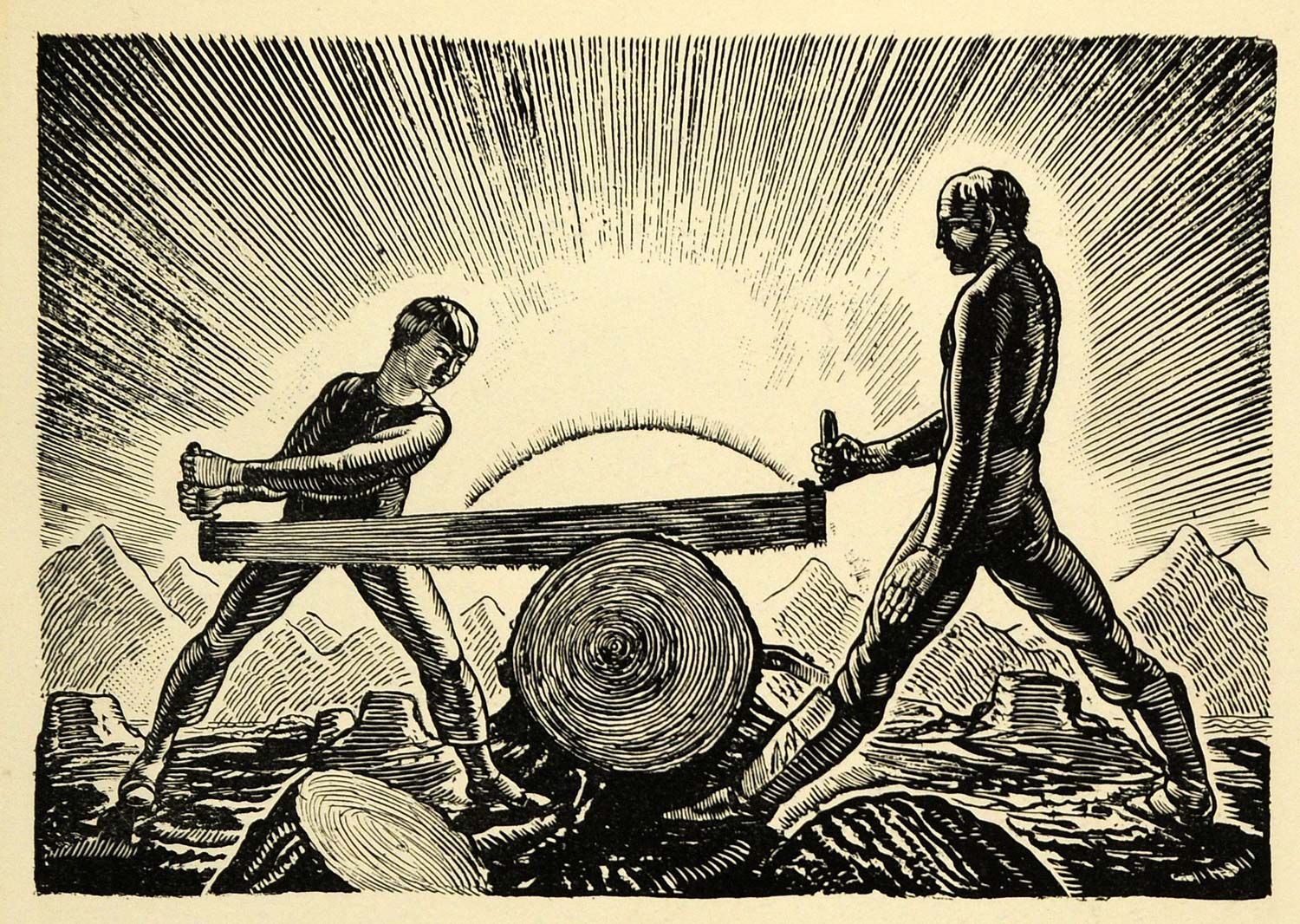 1920 Wood Engraving Rockwell Kent Art Father Son Saw Cutting Wood XDA7