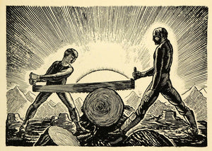 1920 Wood Engraving Rockwell Kent Art Father Son Saw Cutting Wood XDA7