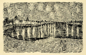 1920 Wood Engraving Vincent Van Gogh Pen Sketch Drawing Art Rhone River XDA7