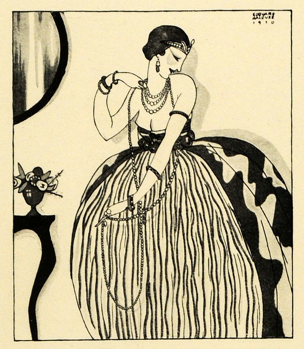 1920 Wood Engraving Edouard Halouze Art Deco Woman Portrait Fashion Dress XDA7