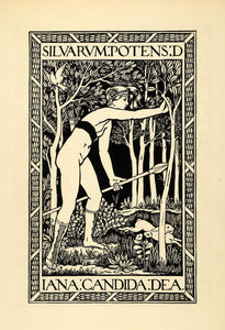 1920 Wood Engraving Herbert Horne Art Nude Diana Goddess Myth Hunter Spear XDA7