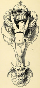 1920 Wood Engraving Franz Stuck Artwork Nude Boy Child Jester Botanical XDA7
